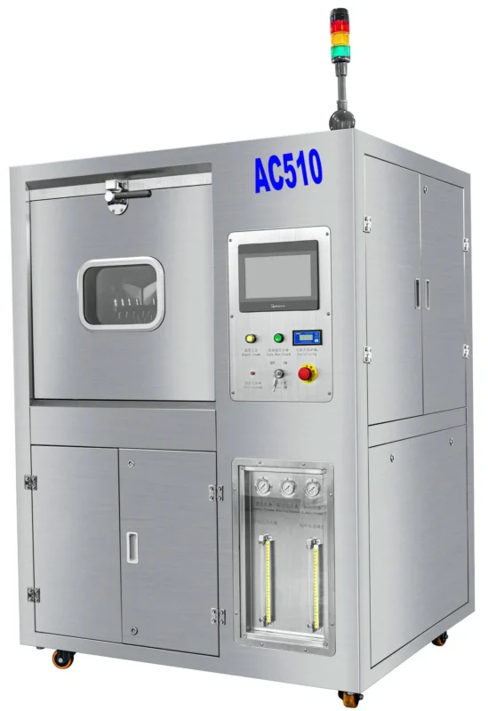 AC510 PCBA cleaning machine, automatic PCBA flux cleaner, batch type PCB cleaning equipment, industrial electronic assembly cleaner, SMT/THT PCBA cleaning machine
