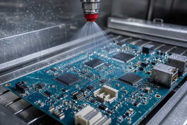 Precision spray cleaning a populated printed circuit board