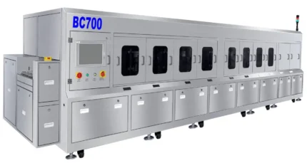 BC700 inline PCBA cleaning machine with 3-stage chemical washing, multi-stage DI water rinsing and hot-air drying for automatic flux residue removal in SMT production lines.