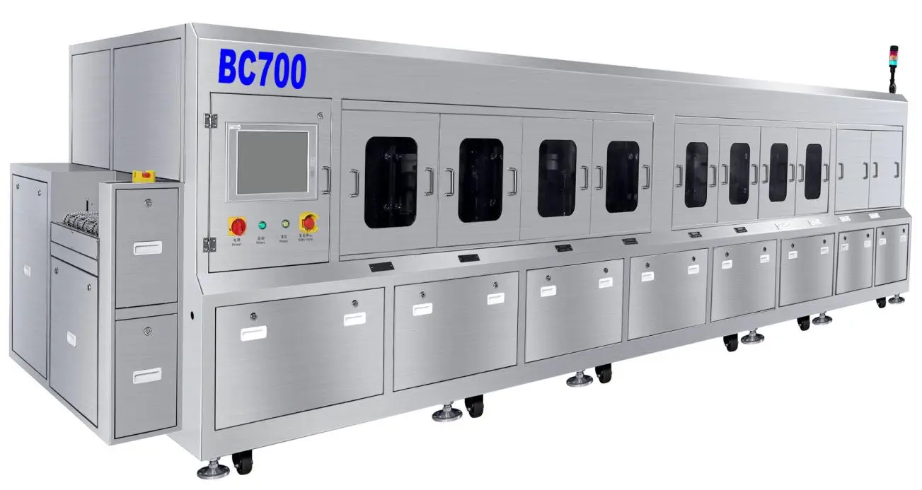 BC700 inline PCBA cleaning machine for automatic flux removal BC700 inline PCBA cleaning machine with 3-stage chemical washing, multi-stage DI water rinsing and hot-air drying for automatic flux residue removal in SMT production lines.