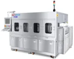FC580 automatic carrier inline spray cleaning system for removing dust, particles and water-soluble flux residues from semiconductor carriers. DI water rinsing and hot-air drying.
