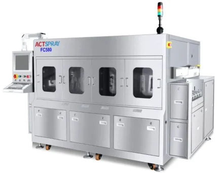 FC580 automatic carrier inline spray cleaning system for removing dust, particles and water-soluble flux residues from semiconductor carriers. DI water rinsing and hot-air drying.