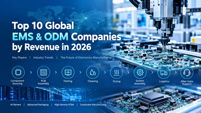 Explore the top 10 global EMS and ODM companies by 2025 revenue, including Foxconn, Wistron, Quanta, Luxshare, Pegatron, Jabil and Flex.