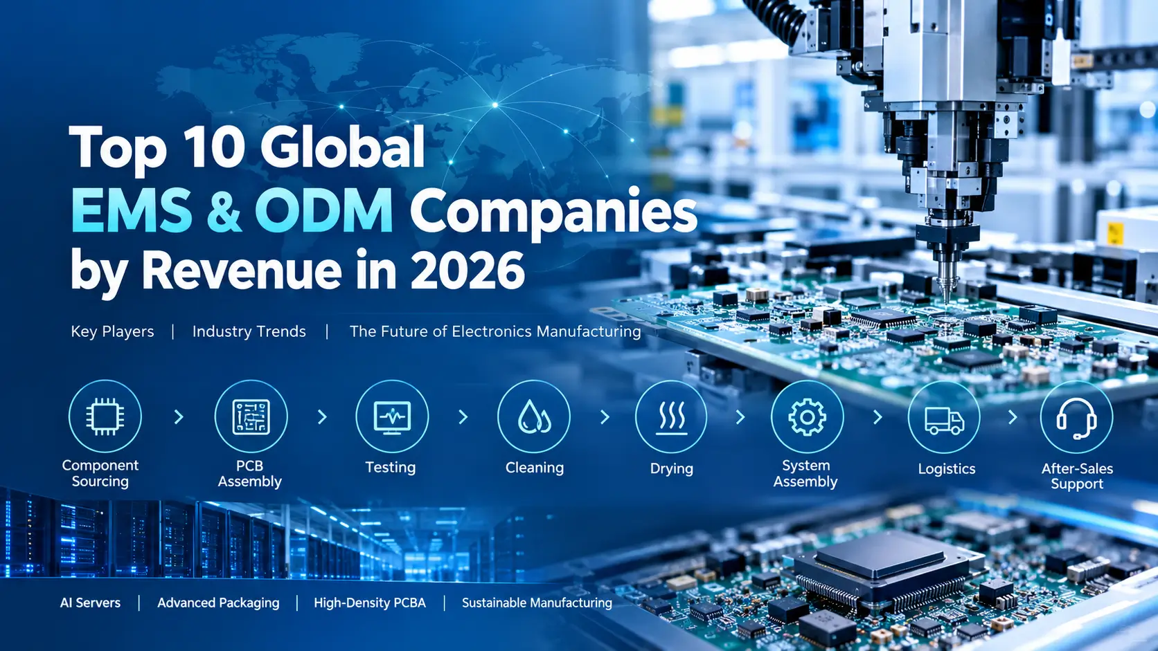 Explore the top 10 global EMS and ODM companies by 2025 revenue, including Foxconn, Wistron, Quanta, Luxshare, Pegatron, Jabil and Flex.