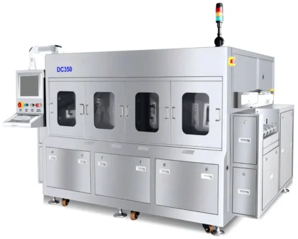 DC350 inline water washing machine for PCBA, IC trays and transfer trays. Uses DI water washing, multi-stage rinsing and hot-air drying to remove solder balls, dust and process debris.