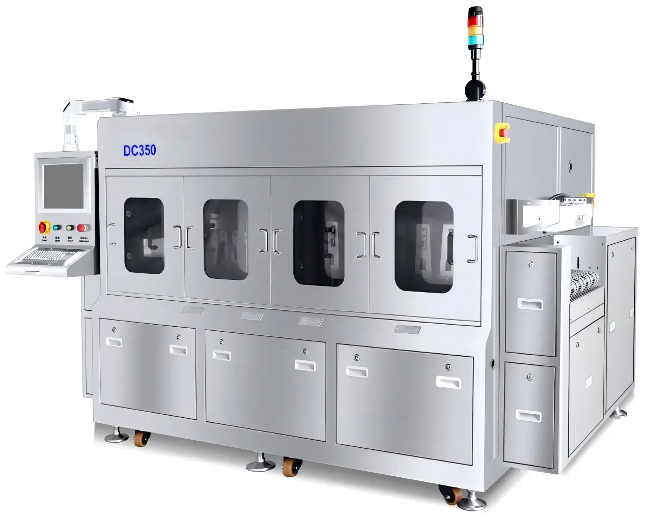 dc350-inline-water-washing-machine DC350 inline water washing machine for PCBA, IC trays and transfer trays. Uses DI water washing, multi-stage rinsing and hot-air drying to remove solder balls, dust and process debris.